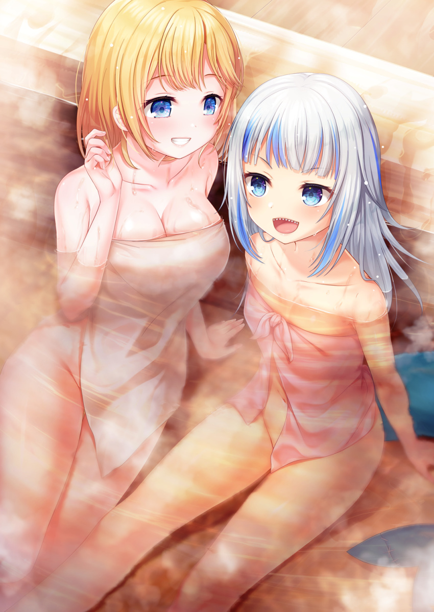 2girls arm_support bare_shoulders blonde_hair blue_eyes blue_hair breasts cleavage collarbone fish_tail from_above gawr_gura grin highres hololive hololive_english holomyth kokkoasa large_breasts looking_at_another medium_hair multicolored_hair multiple_girls naked_towel navel onsen open_mouth partially_submerged shark_tail sharp_teeth small_breasts smile streaked_hair tail teeth thigh_gap towel watson_amelia white_hair