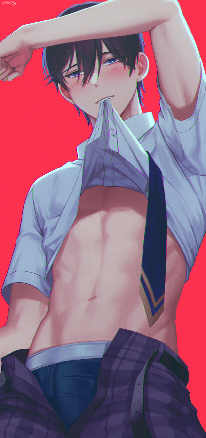 1boy absurdres arm_up artist_name backlighting bangs belt black_hair blue_eyes blue_male_underwear blue_necktie blush bulge chromatic_aberration clenched_teeth clothes_lift cowboy_shot dress_shirt ensemble_stars! erection erection_under_clothes grey_pants hair_between_eyes half-closed_eyes hidaka_hokuto highres lifted_by_self looking_at_viewer male_focus male_underwear mouth_hold navel necktie open_belt open_fly open_pants pants plaid plaid_pants red_background school_uniform shirt shirt_lift short_hair short_sleeves signature simple_background solo teeth underwear white_shirt yungjing