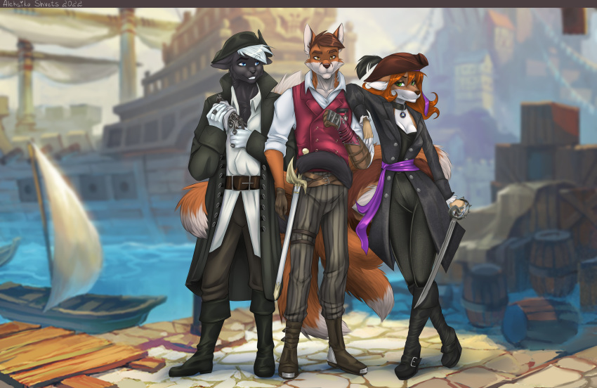 2022 5_fingers aleksikashvets anthro breasts brown_hair canid canine clothed clothing day detailed_background digital_media_(artwork) domestic_cat eyebrows eyelashes felid feline felis female fingers fox fur group hair hi_res holding_object holding_sword holding_weapon looking_at_viewer male mammal melee_weapon orange_body orange_fur outside sky smile sword trio weapon