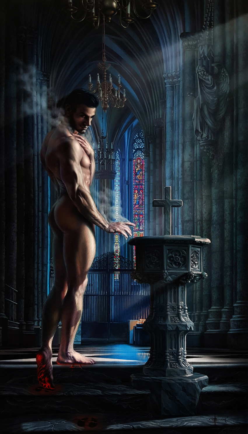 1boy absurdres angel_statue ass bara black_hair burnt chandelier church closed_mouth completely_nude cross facial_hair harryowl13 highres indoors large_pectorals latin_cross male_focus muscular muscular_male nude original pectorals short_hair smile smoke solo stained_glass statue thighs