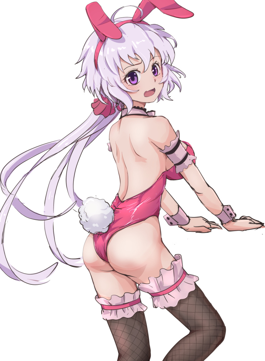 1girl animal_ears bare_shoulders blush breasts fishnets highres large_breasts long_hair looking_at_viewer looking_back playboy_bunny purple_eyes rabbit_ears senki_zesshou_symphogear suzunarisakuya twintails yukine_chris