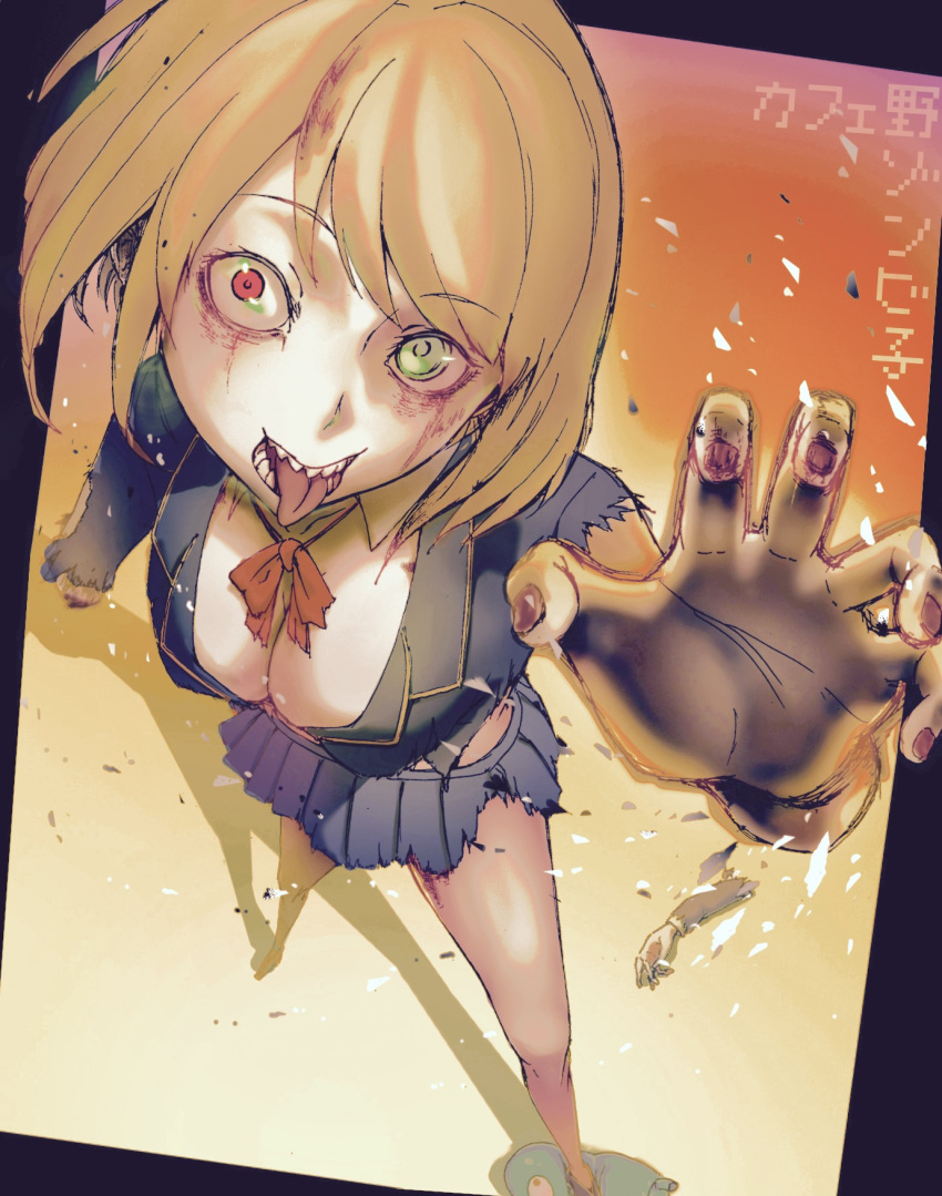 1girl amputee bangs black_jacket blazer blonde_hair blood blood_on_face blood_on_hands blood_on_leg blue_skirt bow bowtie breasts cafe_no_zombi-ko collared_shirt commentary_request full_body green_eyes heterochromia highres indie_virtual_youtuber jacket large_breasts looking_at_viewer midriff miniskirt open_clothes open_jacket open_mouth reaching_out red_bow red_bowtie red_eyes severed_arm severed_limb sharp_teeth shirt short_hair skirt solo teeth tongue tongue_out torn_clothes torn_jacket torn_shirt torn_skirt virtual_youtuber white_shirt yanagi_no_hito zombie