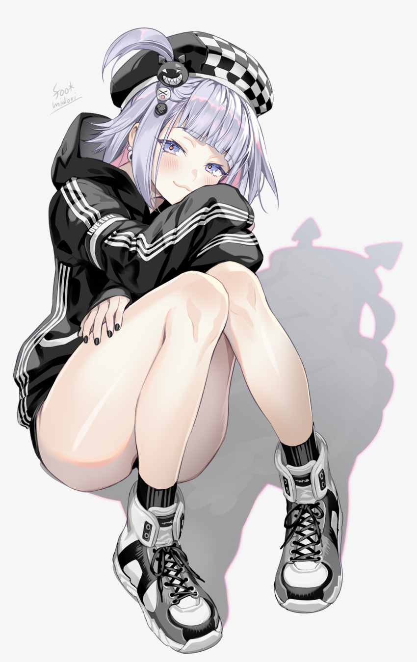 1girl arms_on_knees ass bangs banned_artist beret black_headwear black_hoodie checkered_clothes checkered_headwear closed_mouth crossed_arms earrings full_body grey_eyes grey_hair hair_ornament hat highres hood hoodie jewelry knees_up long_sleeves looking_at_viewer midori_foo nail_polish one_side_up original shadow shoes short_hair signature simple_background sitting sneakers solo thighs white_background