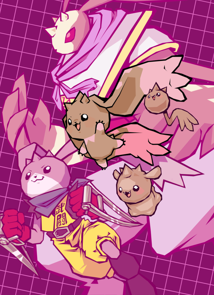 3_horns ambiguous_gender anthro antylamon bandai_namco beady_eyes brown_body brown_fur brown_skin chalkq clothing colored conomon digimon digimon_(species) featureless_crotch feral fur group head_only hi_res horn kokomon legless lopmon markings multi_horn nude pink_background pink_markings red_eyes round_body shaded simple_background turuiemon weapon