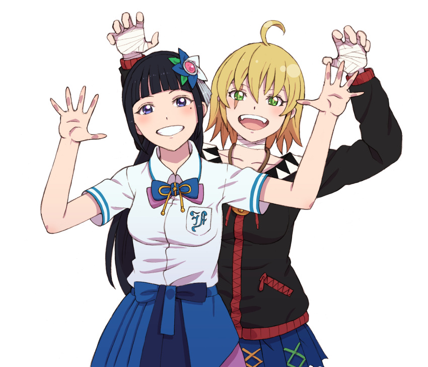 2girls ahoge aoi_ch. bandaged_hand bandaged_neck bandages bangs black_hair black_hoodie blonde_hair blue_bow blue_bowtie blue_skirt blunt_bangs bow bowtie breast_pocket breasts cafe_no_zombi-ko claw_pose collared_shirt commentary_request cowboy_shot fuji_aoi green_eyes grin hair_between_eyes highres hood hood_down hoodie long_hair looking_at_viewer medium_breasts miniskirt mole mole_under_eye multiple_girls open_mouth pleated_skirt pocket project_upd8 purple_eyes scar scar_across_eye shirt short_hair simple_background skirt smile tanuki_koubou virtual_youtuber white_background white_shirt