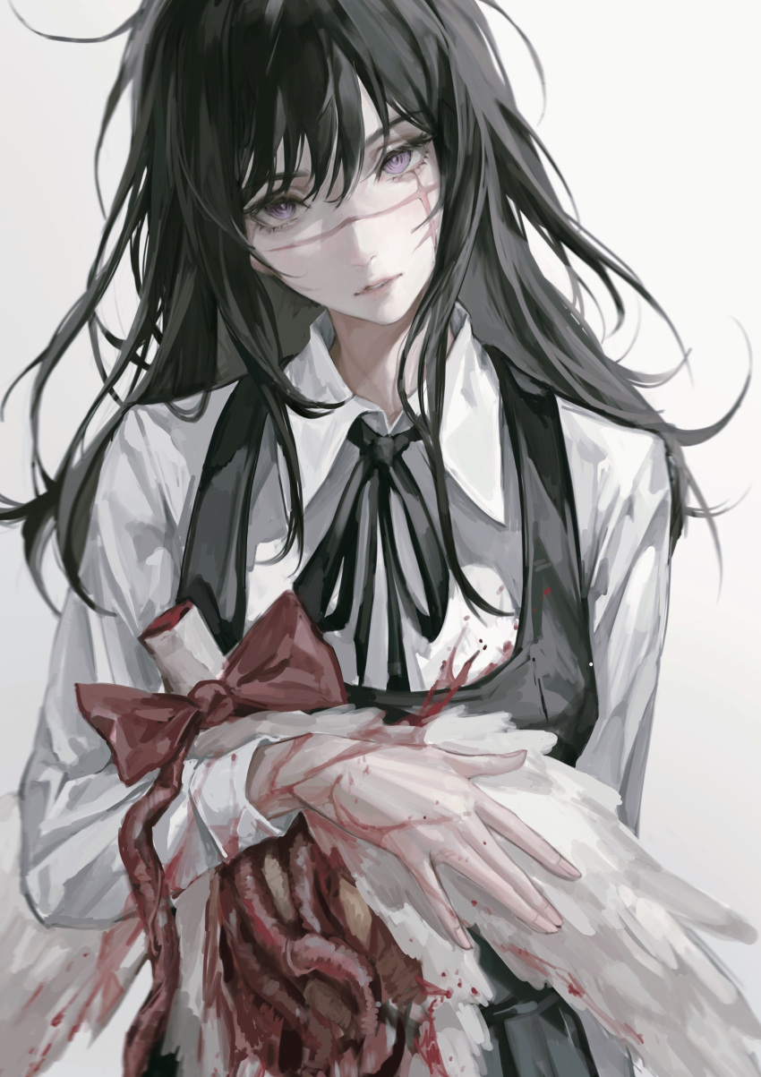 1girl absurdres animal bangs bird black_hair black_ribbon black_vest blood blood_on_hands bow bucky_(chainsaw_man) chainsaw_man collared_shirt deadprince guro hair_between_eyes head_tilt highres holding holding_animal holding_bird intestines long_hair looking_at_viewer mitaka_asa neck_ribbon parted_lips purple_eyes red_bow ribbon scar scar_on_face shirt simple_background vest war_devil_(chainsaw_man) white_background white_shirt