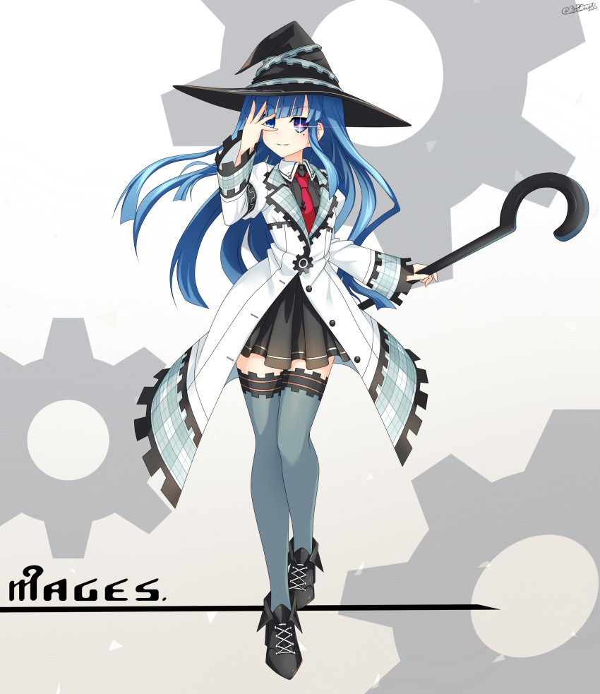 1girl absurdres alexstardust31 blue_eyes blue_hair character_name full_body hat highres long_hair looking_at_viewer mages. mole mole_under_eye necktie neptune_(series) puffy_sleeves red_necktie simple_background skirt smile solo staff thighhighs white_background witch_hat zettai_ryouiki