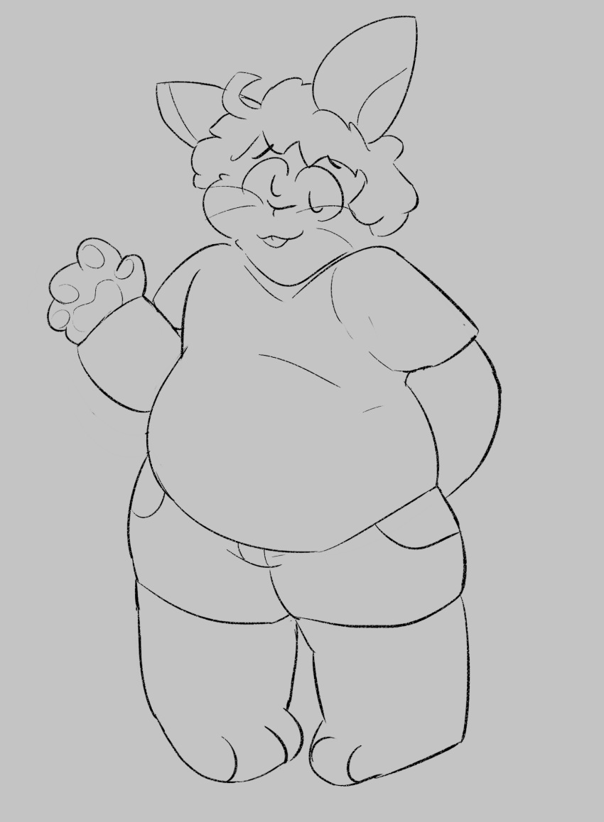 ahoge anthro bottomwear cargo_shorts chubby_male clothing gesture hair hare hi_res joshie_(calahootheyeen) lagomorph layered_clothing leporid male mammal overweight overweight_male parabolafox pawpads rabbit shorts sketch slightly_chubby solo thick_thighs waving waving_at_viewer waving_hand whiskers wide_hips