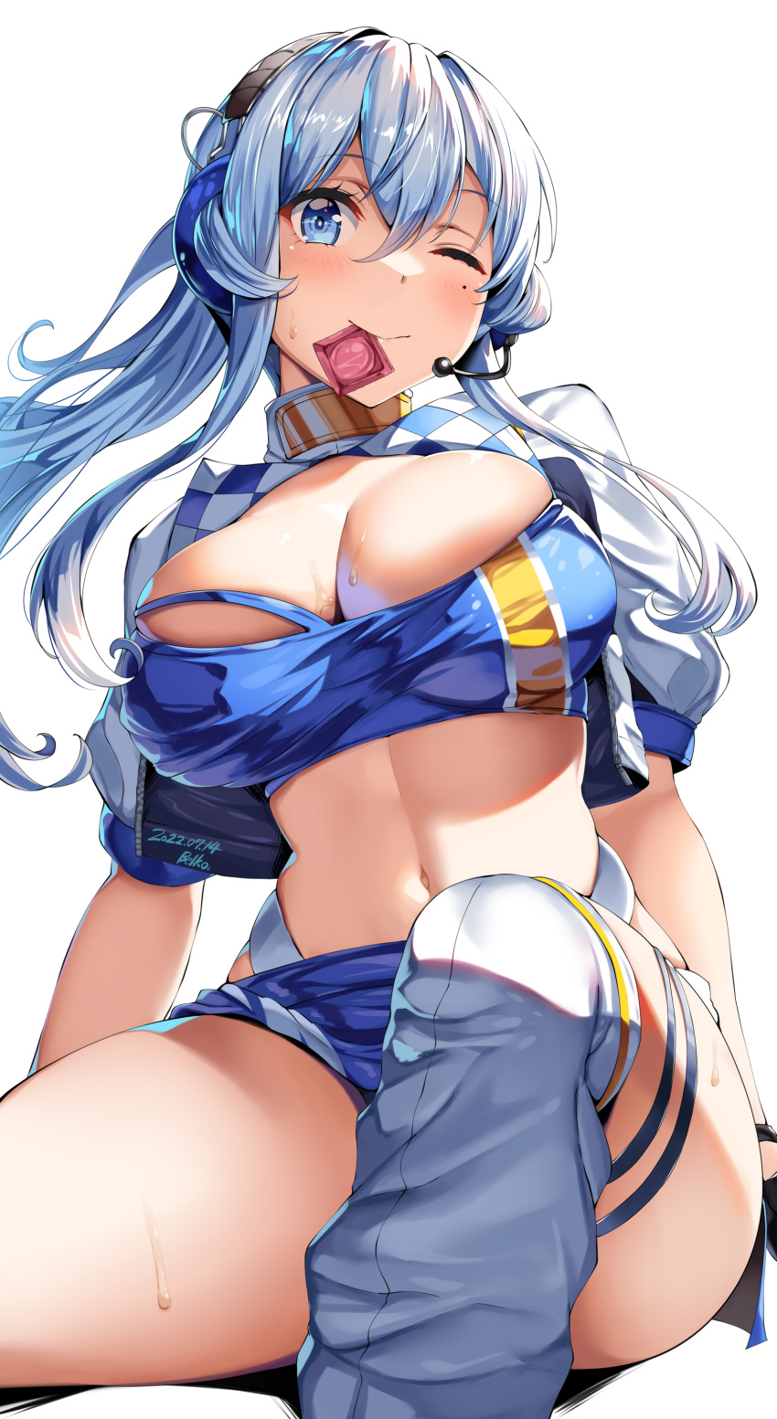 1girl absurdres banned_artist belko blue_bandeau blue_eyes blue_hair blue_skirt breasts cleavage closed_mouth condom condom_in_mouth cropped_jacket gotland_(kancolle) headphones headset highres jacket kantai_collection large_breasts long_hair looking_at_viewer microphone midriff mole mole_under_eye mouth_hold official_alternate_costume one_eye_closed ponytail race_queen sitting skirt solo white_jacket white_over-kneehighs