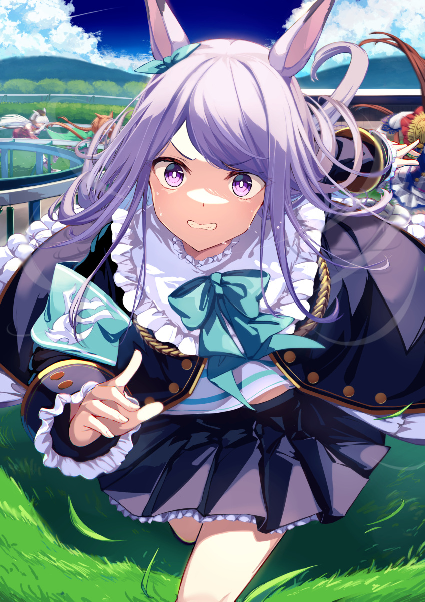 absurdres animal_ears coffee1223 commentary gold_ship_(umamusume) grass highres horse_ears ikuno_dictus_(umamusume) long_hair looking_at_viewer mejiro_mcqueen_(umamusume) purple_eyes purple_hair racetrack ribbon running sky solo_focus sweat tokai_teio_(umamusume) umamusume uniform