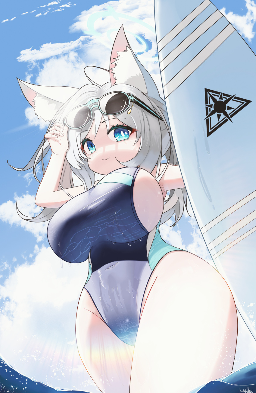 1girl absurdres adjusting_eyewear ahoge animal_ear_fluff animal_ears blue_archive blue_eyes breasts bright_pupils caustics closed_mouth competition_swimsuit covered_navel cowboy_shot eyewear_on_head from_below grey_hair halo highleg highres huge_breasts large_breasts lens_flare looking_at_viewer lyda093 medium_hair ocean one-piece_swimsuit shiroko_(blue_archive) sideboob sky smile sunglasses surfboard swimsuit taut_clothes taut_swimsuit thighs two-tone_swimsuit wading wide_hips wolf_ears