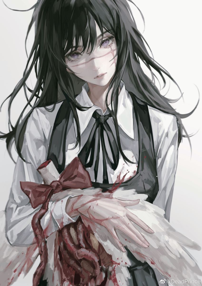 1girl absurdres animal bangs bird black_hair black_ribbon black_vest blood blood_on_hands bow bucky_(chainsaw_man) chainsaw_man collared_shirt deadprince guro hair_between_eyes head_tilt highres holding holding_animal holding_bird intestines long_hair looking_at_viewer mitaka_asa neck_ribbon parted_lips purple_eyes red_bow ribbon scar scar_on_face shirt simple_background vest war_devil_(chainsaw_man) weibo_username white_background white_shirt