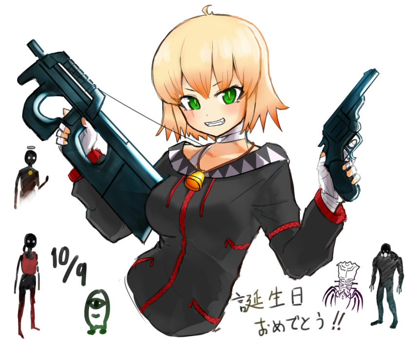 1girl bandaged_hand bandaged_neck bandages bangs bell black_hoodie blonde_hair blush breasts bullpup cafe_no_zombi-ko commentary_request dated dual_wielding green_eyes grin gun holding holding_gun holding_weapon hood hoodie looking_at_viewer medium_breasts monster p90 project_upd8 revolver scar scar_across_eye short_hair smile submachine_gun translation_request upper_body virtual_youtuber weapon white_background yifeng_ivte