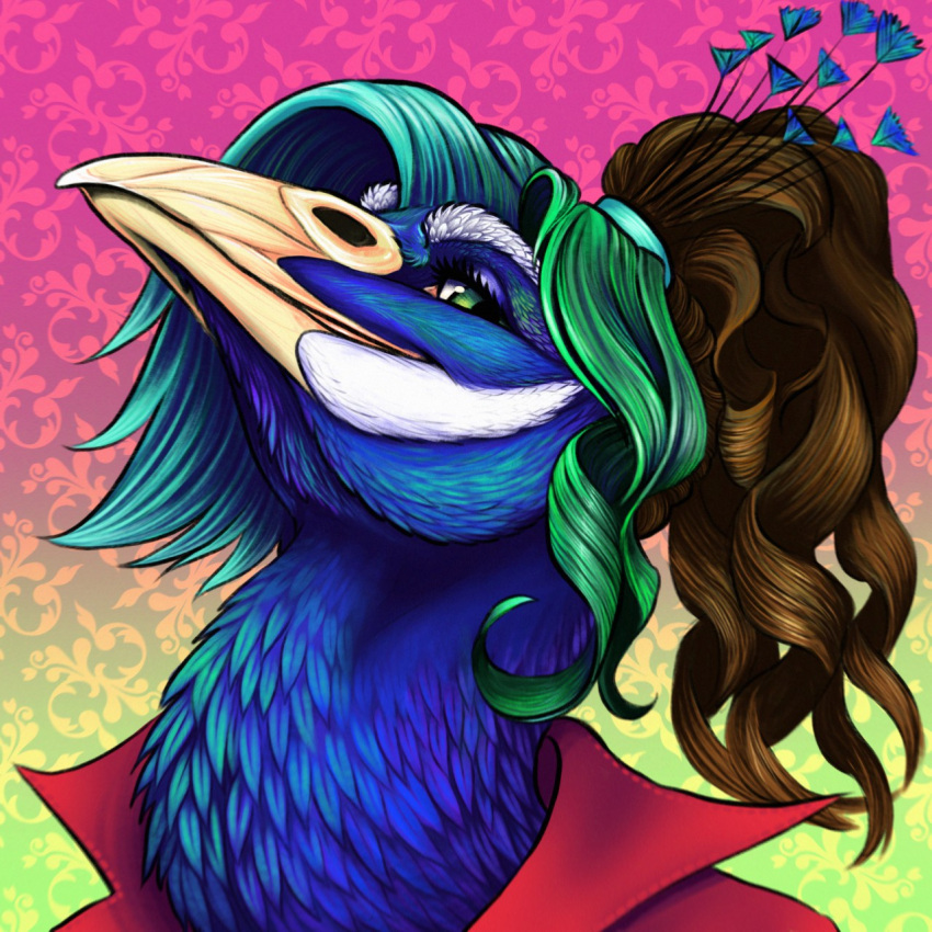 anthro arta_aere avian beak bird blue_body blue_feathers clothed clothing feathers galliform green_eyes hair hi_res lintuuli long_hair male peafowl phasianid solo