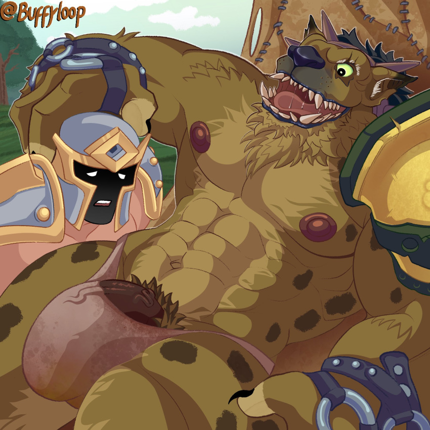 abs anthro anthro_dominating_human armor big_bulge big_dom_small_sub big_penis black_hair blizzard_entertainment bodily_fluids bottomwear brown_body brown_fur buffyloop bulge chest_tuft clothing dominant dominant_anthro dominant_male drooling duo fangs fur genitals gnoll hair headgear helmet hi_res hogger human human_on_anthro hyaenid imminent_oral imminent_sex interspecies larger_anthro larger_male loincloth male male/male mammal mostly_nude muscular muscular_anthro muscular_male navel nipples pauldron pecs penis saliva signature size_difference smaller_human smaller_male submissive submissive_human submissive_male teeth tuft video_games warcraft