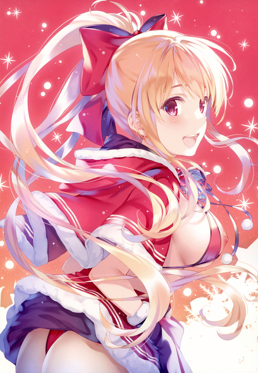 1girl absurdres ass bangs blonde_hair blush bow bowtie breasts capelet comic_aun fur_trim gloves hair_bow hair_ornament highres lips long_hair looking_at_viewer looking_back medium_breasts misaki_kurehito mizuhara_erika nipples open_mouth panties pom_pom_(clothes) ponytail red_eyes santa_costume shiny shiny_hair shiny_skin simple_background skirt smile solo thighs thong underwear