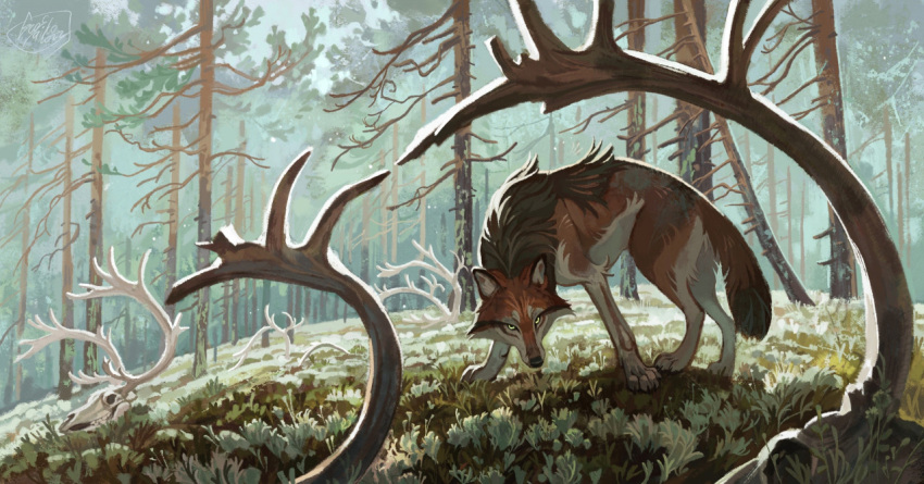 2022 ambiguous_gender brown_body brown_fur canid canine canis day detailed_background digital_media_(artwork) feral forest fur geosaiko1267 grass green_eyes looking_at_viewer mammal outside plant solo tree wolf