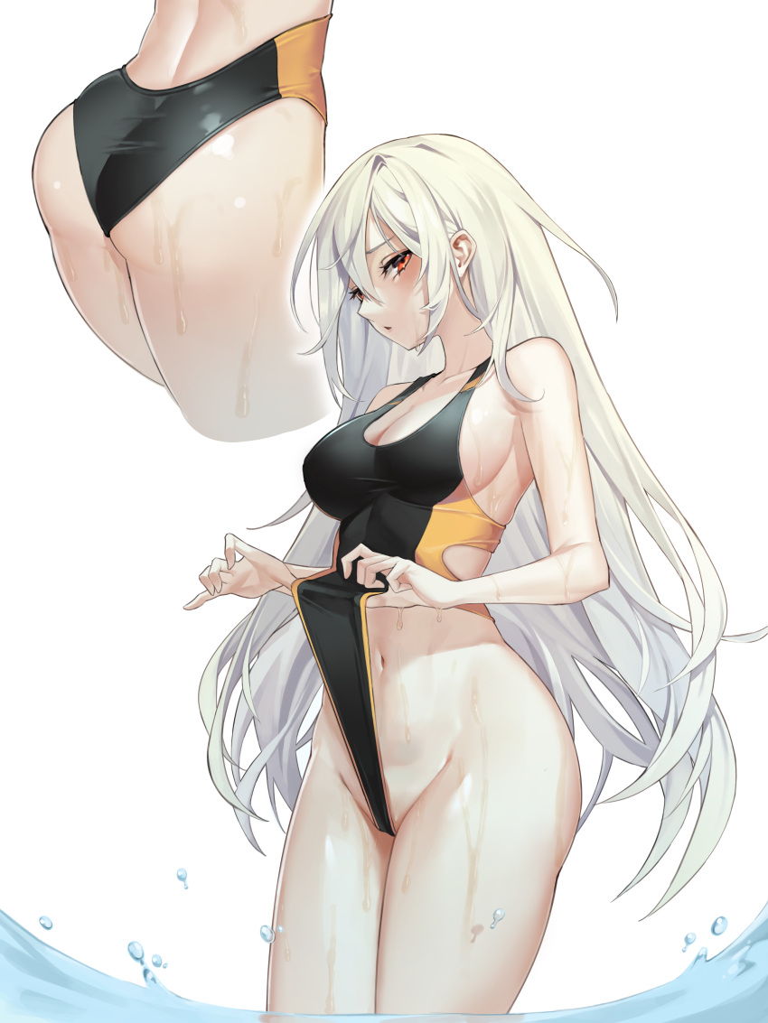 1girl absurdres ass bare_arms bare_shoulders black_swimsuit breasts chukibabo2 cleavage clothes_lift commission competition_swimsuit frown groin highres large_breasts lifted_by_self long_hair looking_at_viewer multiple_views navel one-piece_swimsuit original parted_lips red_eyes sideboob simple_background standing stomach swimsuit swimsuit_lift taut_clothes taut_swimsuit thighs very_long_hair wading water wet white_background white_hair