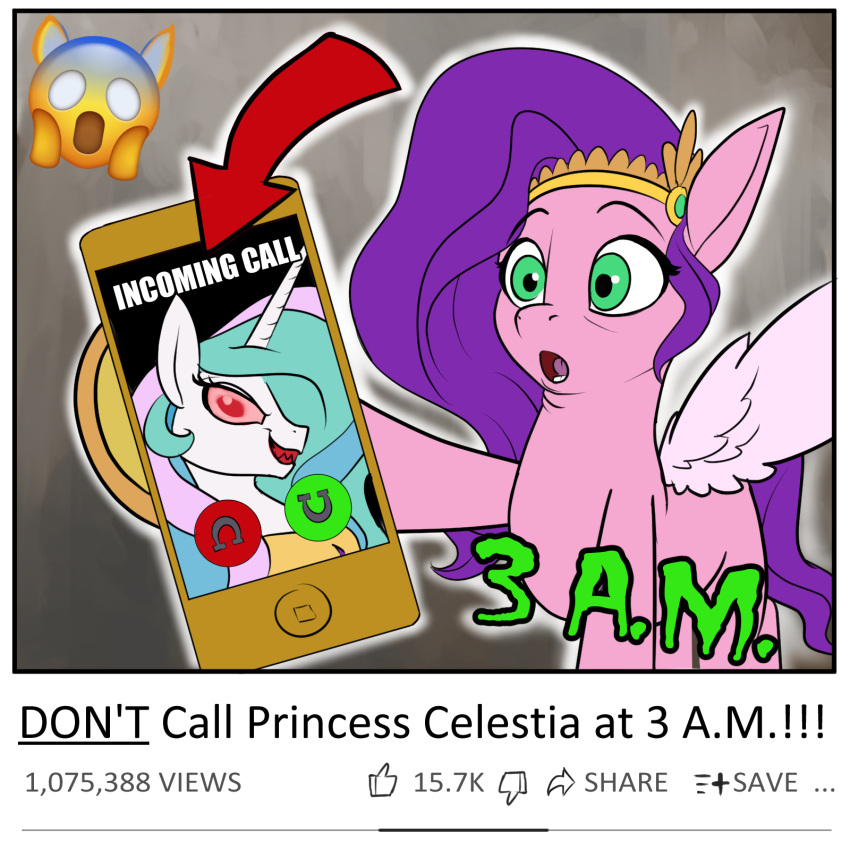 cellphone circlet clickbbait equid equine friendship_is_magic green_eyes hasbro headpiece hi_res horn mammal mlp_g5 my_little_pony open_mouth pegasus phone pipp_petals_(mlp) princess_celestia_(mlp) rocket-lawnchair smartphone unicorn wings youtube