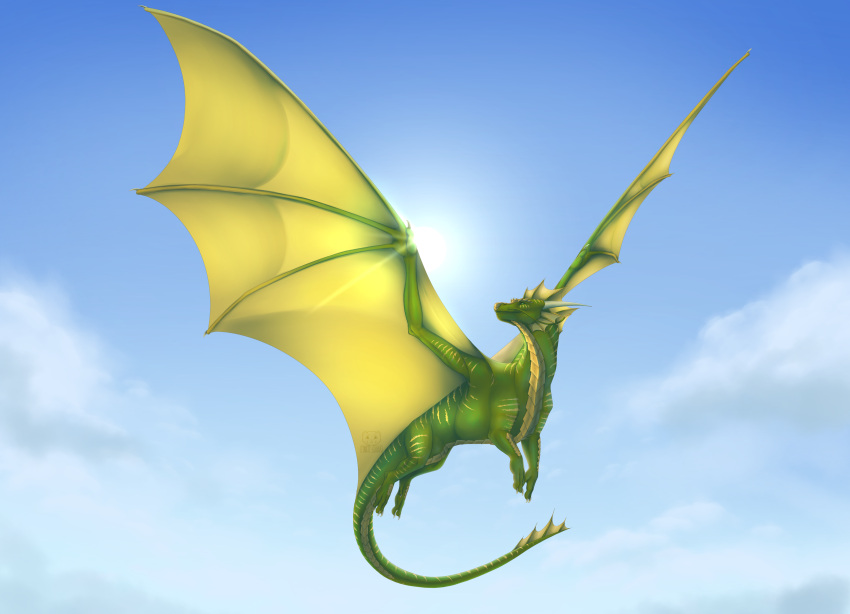 2022 absurd_res ambiguous_gender claws day detailed_background digital_media_(artwork) dragon feral ferrety-lixciaa flying green_eyes hi_res horn membrane_(anatomy) membranous_wings outside scales scalie sky smile solo spines sun western_dragon wings