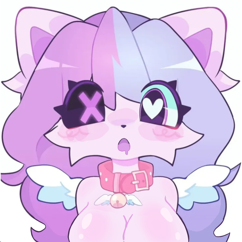 &lt;3 &lt;3_eyes anthro ashley_(sashley) bell bell_collar black_sclera blush bodily_fluids breasts cheek_tuft collar domestic_cat drooling edit facial_tuft felid feline felis female fur hair hi_res long_hair looking_at_viewer mammal pupils purple_eyes purple_mouth saliva sashley solo tuft unknown_editor unusual_pupils wings x_pupils