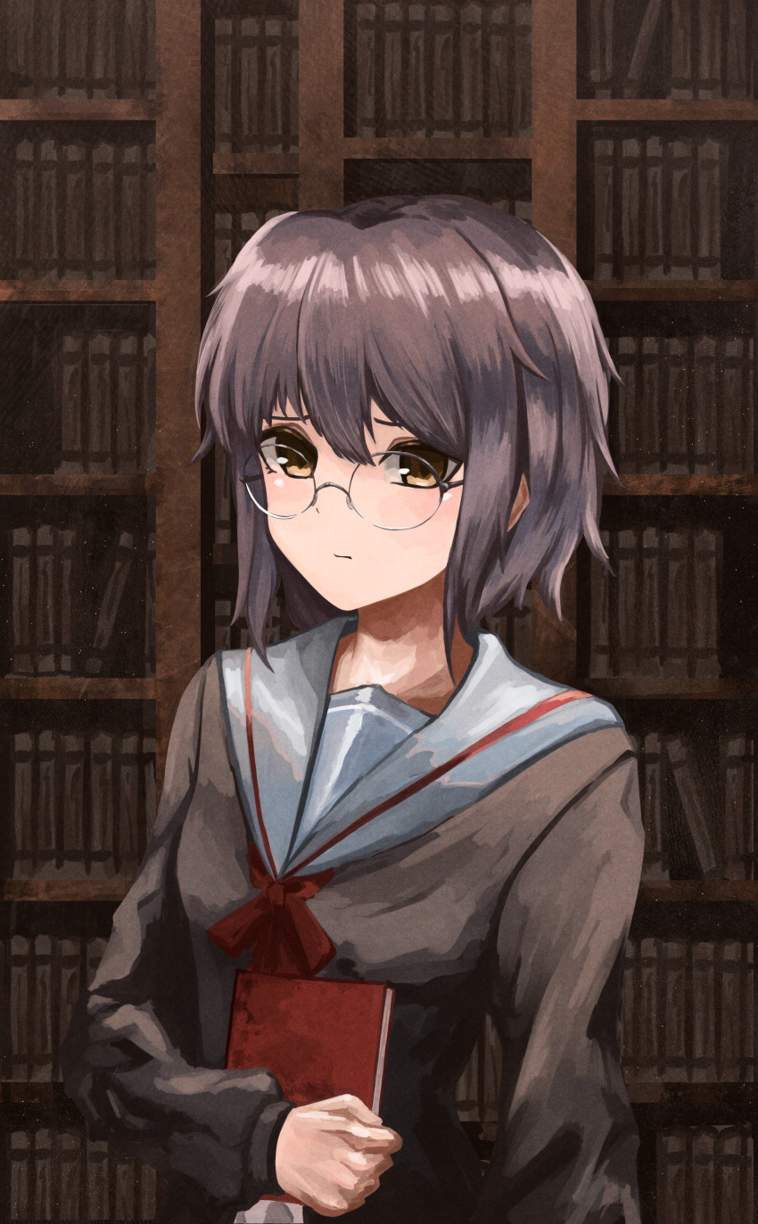 1girl absurdres bangs blue_sailor_collar book bookshelf brown_cardigan brown_eyes cardigan closed_mouth commentary_request glasses highres holding holding_book kita_high_school_uniform long_sleeves momogu nagato_yuki nagato_yuki-chan_no_shoushitsu purple_hair red_ribbon ribbon sad sailor_collar school_uniform serafuku short_hair solo suzumiya_haruhi_no_shoushitsu suzumiya_haruhi_no_yuuutsu upper_body