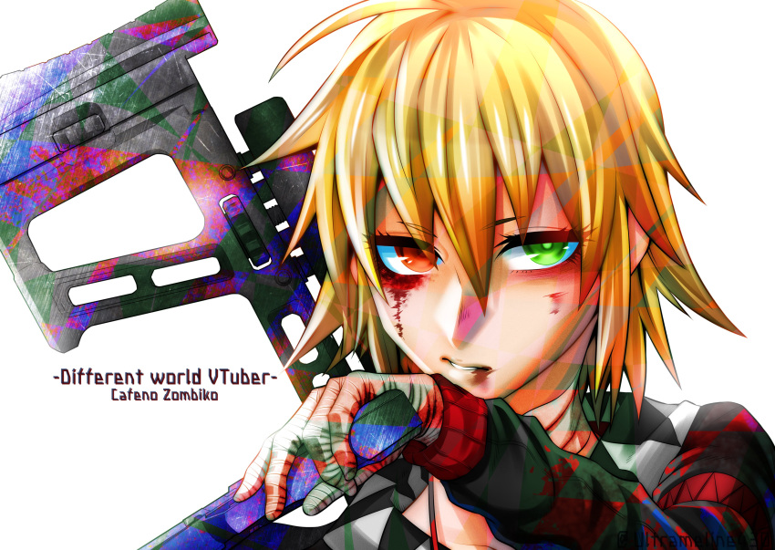 1girl absurdres bandaged_hand bandaged_neck bandages bangs black_hoodie blonde_hair blood blood_from_eyes cafe_no_zombi-ko character_name commentary_request english_text green_eyes gun handgun heterochromia highres holding holding_gun holding_weapon hood hoodie long_sleeves looking_at_viewer parted_lips project_upd8 red_eyes shin_(ultramarine430) short_hair solo upper_body virtual_youtuber weapon white_background