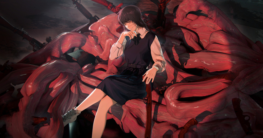 1girl absurdres belt black_dress black_hair brown_eyes chainsaw_man chinese_commentary collared_shirt commentary_request crossed_legs dress foot_out_of_frame grin hand_up highres intestines karsluhe looking_at_viewer medium_hair mitaka_asa neck_ribbon organs outdoors pinafore_dress ribbon ringed_eyes rocket_launcher scar scar_on_cheek scar_on_face shirt shoes sitting smile solo war_devil_(chainsaw_man) weapon white_footwear white_shirt