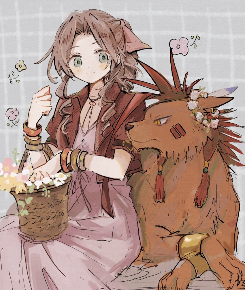 2ococy aerith_gainsborough animal bangle bangs bracelet braid braided_ponytail brown_hair choker cropped_jacket dress facial_mark final_fantasy final_fantasy_vii final_fantasy_vii_remake flower flower_basket green_eyes grid_background hair_ribbon head_wreath highres jacket jewelry long_dress looking_at_another orange_eyes parted_bangs pink_dress pink_ribbon red_jacket red_xiii ribbon short_sleeves sidelocks sitting upper_body