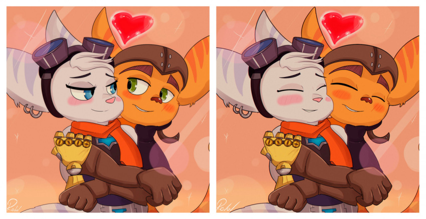 &lt;3 blush cute_expression cute_eyes duo embrace female hand_on_face hug insomniac_games lombax love male male/female mammal ratchet ratchet_and_clank revov_drawings ring_piercing rivet_(ratchet_and_clank) robotic_arm romantic romantic_ambiance romantic_couple sony_corporation sony_interactive_entertainment video_games