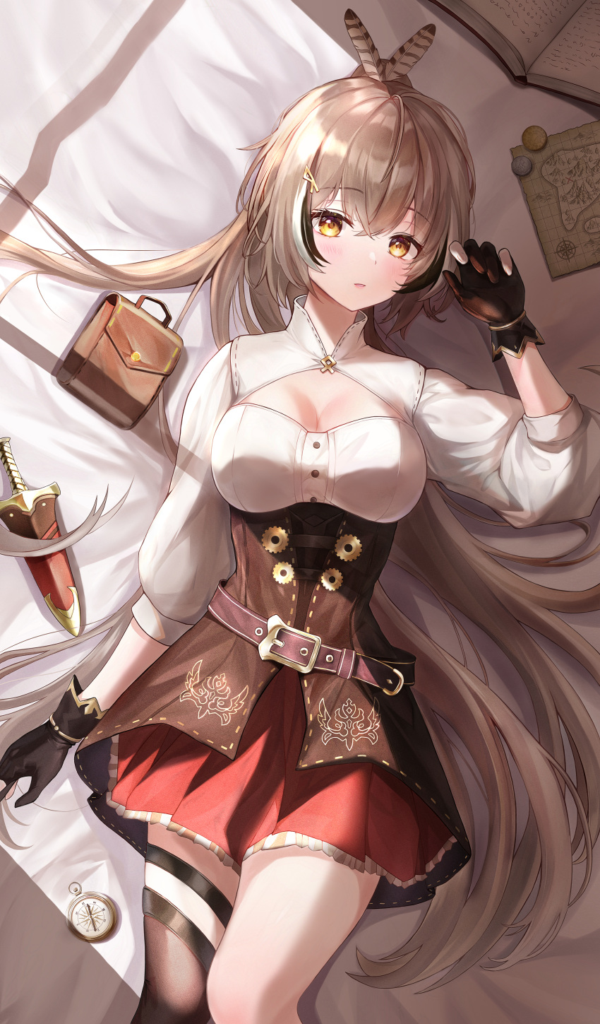 1girl absurdres arin7020 belt beltskirt blush breasts brown_eyes brown_hair cleavage cleavage_cutout clothing_cutout compass dagger dress feather_hair_ornament feathers gears gloves hair_ornament highres hololive hololive_english knife long_hair looking_at_viewer lying medium_breasts nanashi_mumei on_back open_mouth partially_fingerless_gloves ponytail pouch runes single_thighhigh skirt thighhighs underbust very_long_hair virtual_youtuber weapon window_shade