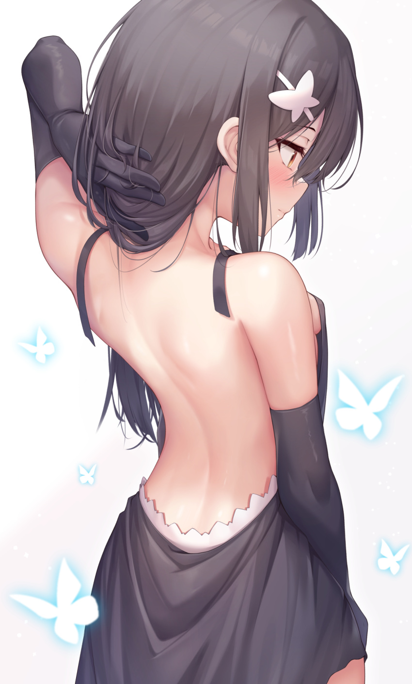 1girl arata_(xin) arm_behind_head arm_up back back_focus backless_dress backless_outfit bangs bare_back black_dress black_gloves blush breasts brown_eyes brown_hair bug butterfly butterfly_hair_ornament closed_mouth dress elbow_gloves fate/grand_order fate/kaleid_liner_prisma_illya fate_(series) from_behind gloves hair_ornament highres long_hair looking_away miyu_edelfelt profile simple_background small_breasts solo