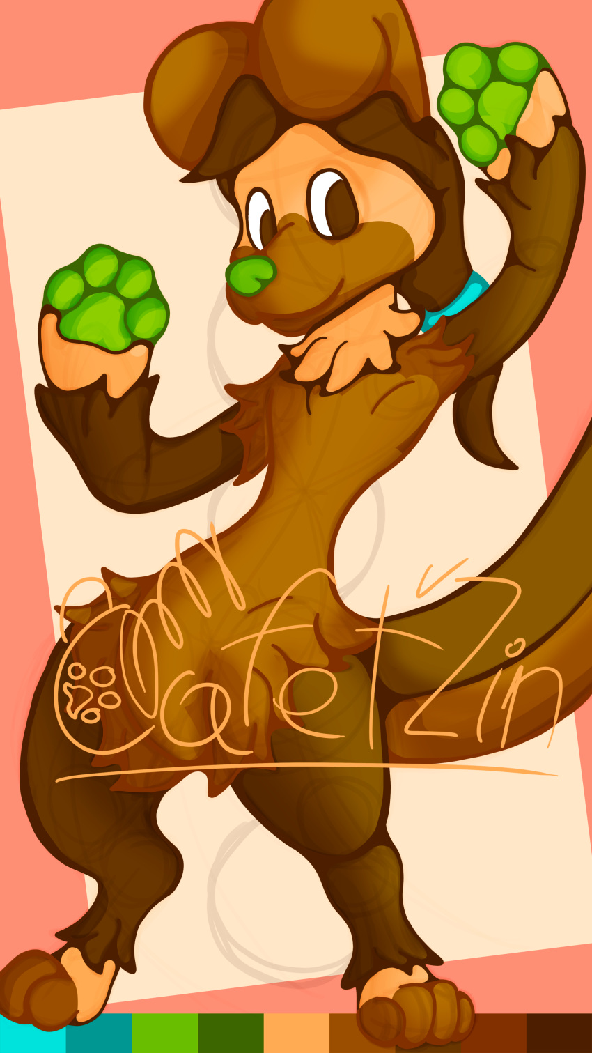4_fingers 4_toes absurd_res anthro brown_body brown_eyes brown_fur brown_hair cafet'zin cafet'zin_(artist) canid canine canis digitigrade domestic_dog featureless_crotch feet fingers fluffy fluffy_chest fur green_nose green_paws hair happy hi_res long_hair male mammal neck_tuft shaded signature simple_background simple_shading solo tan_body tan_fur toes tuft