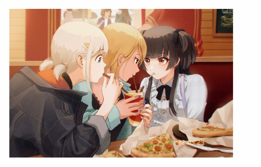 1other 5girls cola cup dated denim denim_jacket disposable_cup drinking drinking_straw eye_contact facing_another food idolmaster idolmaster_shiny_colors indoors izumi_mei jacket looking_at_another looking_at_food mayuzumi_fuyuko multiple_girls nail_polish photo-referenced photo_(object) pizza pizza_slice restaurant serizawa_asahi sleeves_rolled_up straylight_(idolmaster) sugar_rush twintails two_side_up upper_body