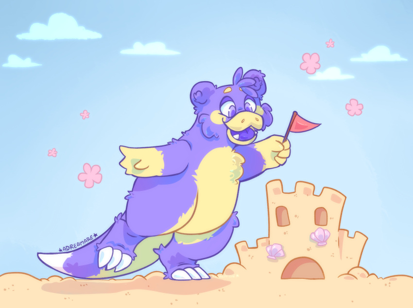 absurd_res ambiguous_gender anthro artfight dreamare flag flower fluffy fur gloves_(marking) hi_res holding_object markings pink_flower plant purple_body purple_fur purple_shell red_flag sand_castle sculpture shell signature solo unknown_species yellow_body yellow_fur