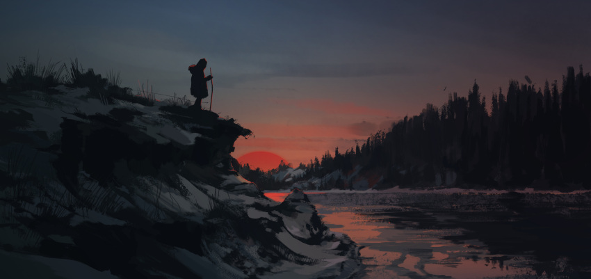 1other commentary dark english_commentary forest gradient_sky highres ice landscape malgorzata_miklaszewska nature outdoors red_sun river rock scenery sky snow sunset the_revenant water winter