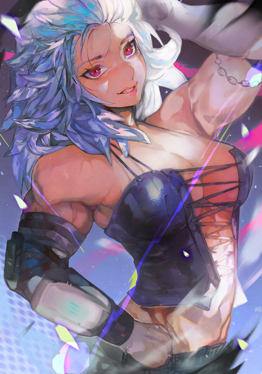 1girl abs aekutie breasts closed_mouth corset dorohedoro earrings highres jewelry large_breasts long_hair looking_at_viewer muscular muscular_female noi_(dorohedoro) red_eyes simple_background smile solo white_hair