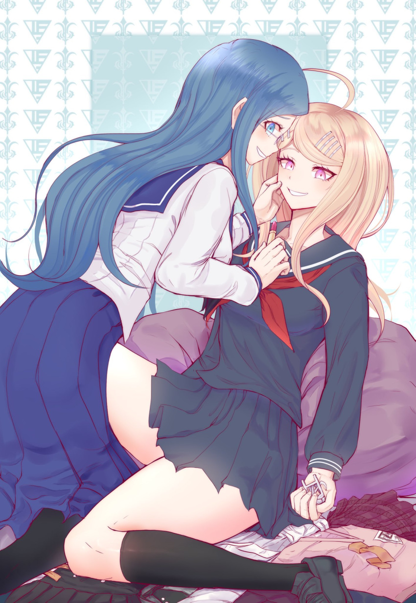 2girls ahoge akamatsu_kaede bangs banned_artist black_footwear black_pantyhose black_sailor_collar black_shirt black_skirt black_socks blonde_hair blue_hair blue_sailor_collar blue_skirt blush breasts c01a_(cola) danganronpa_(series) danganronpa_v3:_killing_harmony glasses grey_background grey_shirt grin hair_ornament hairclip highres holding large_breasts long_hair long_sleeves looking_at_viewer miniskirt multiple_girls official_alternate_costume pantyhose pink_eyes pleated_skirt sailor_collar school_uniform shiny shiny_hair shirogane_tsumugi shirt skirt smile socks teeth