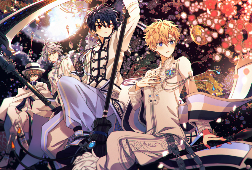 4boys black_background black_hair blonde_hair blue_eyes blue_hair brown_hair faust_lavinia hand_on_own_chest hat heathcliff_blanchett highres holding holding_weapon long_sleeves looking_to_the_side mahoutsukai_no_yakusoku male_focus multiple_boys naruta_iyo nero_turner purple_eyes red_eyes scythe shino_sherwood short_hair wavy_hair weapon yellow_eyes