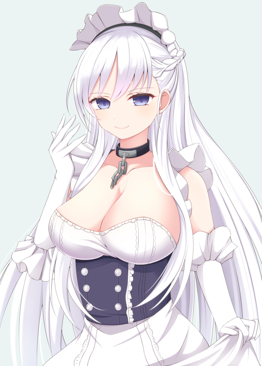 1girl azur_lane belfast_(azur_lane) blue_eyes breasts cleavage dress elbow_gloves gloves highres large_breasts long_hair looking_at_viewer maid_headdress skirt_hold smile solo suzunashi_rei very_long_hair white_background white_dress white_gloves white_hair