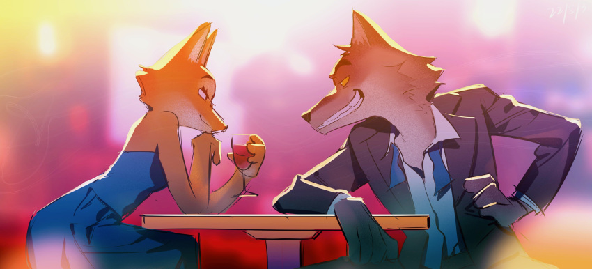 absurd_res alcohol anthro beverage black_tie_(suit) canid canine canis clothing diane_foxington dreamworks dress duo face_to_face female flirting fox fur grey_body grey_fur hi_res male male/female mammal mr._wolf_(the_bad_guys) orange_body orange_fur party romantic romantic_couple smile smug source_request suit the_bad_guys unknown_artist wine wolf