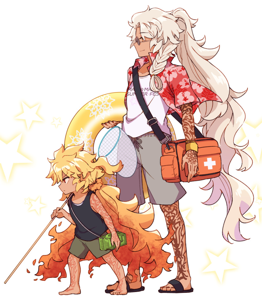 2boys arm_tattoo blonde_hair butterfly_net cross dark-skinned_male dark_skin fate/grand_order fate_(series) first_aid first_aid_kit full_body glowing_tattoo goetia_(fate) gradient_hair hand_net hawaii hawaiian_shirt highres holding holding_butterfly_net insect_cage kak_hac leg_tattoo long_hair multicolored_hair multiple_boys net orange_hair red_cross shirt short_sleeves solomon_(fate) tattoo white_hair younger