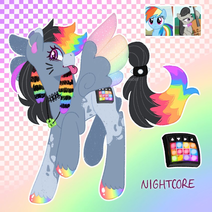 &lt;3 ambiguous_gender collar cutie_mark earpiece equid equine feral fusion grey_body hair hasbro hi_res hooves jewelry looking_at_viewer mammal multicolored_body multicolored_hair multicolored_hooves multicolored_tail my_little_pony necklace pegasus rainbow_hair rainbow_hooves rainbow_tail rainbow_wings screencap solo spiked_collar spikes tongue tongue_out two_tone_body vurtuaghost wings