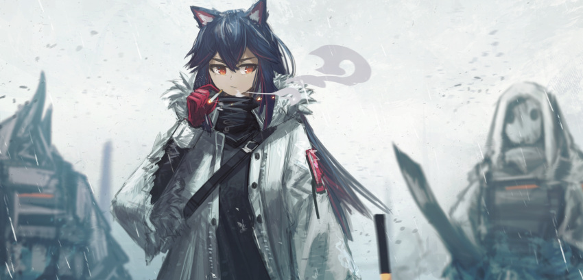 1girl animal_ears arknights black_hair black_scarf black_shirt cigarette coat franlol fur-trimmed_hood fur-trimmed_sleeves fur_trim gloves grey_sky hair_between_eyes hand_up highres holding holding_cigarette hood hood_down hooded_coat long_hair long_sleeves looking_at_viewer mudrock_(arknights) multicolored_hair official_alternate_costume open_clothes open_coat orange_eyes outdoors red_gloves red_hair reunion_soldier_(arknights) scarf shirt sidelocks smoking snowing solo_focus streaked_hair texas_(arknights) texas_(winter_messenger)_(arknights) upper_body v-shaped_eyebrows winter_clothes winter_coat wolf_ears wolf_girl