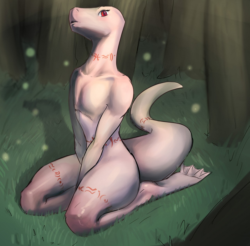2018 4_toes albino anthro belly belly_markings big_tail biped crusch_lulu day detailed_background digital_media_(artwork) digital_painting_(artwork) digitigrade double-taco eyelashes feet female flat_chested forest front_view grass hi_res leg_markings light lizard lizardman_(overlord) long_neck long_tail looking_at_viewer looking_up markings membrane_(anatomy) neck_markings nude open_mouth outside overlord_(series) plant pupils red_eyes red_markings reptile scalie shaded shadow sitting slit_pupils snout soft_shading solo sunlight tail_markings thick_tail thick_thighs thigh_markings three-quarter_view toes tree tribal tribal_markings webbed_feet white_body