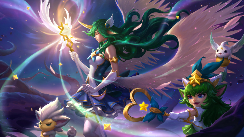 2girls artist_request bangs blue_eyes blue_skirt breasts closed_eyes closed_mouth fangs frilled_skirt frills from_side gloves green_hair green_skirt hair_ornament heart holding holding_staff horns legends_of_runeterra little_legend long_hair lulu_(league_of_legends) magic medium_breasts miniskirt multiple_girls night outdoors pointy_ears shiny shiny_hair shirt short_sleeves single_horn skirt soraka_(league_of_legends) staff star_(symbol) star_guardian_(league_of_legends) star_guardian_lulu star_guardian_soraka teeth thighhighs upper_teeth white_gloves white_shirt white_thighhighs wings yordle