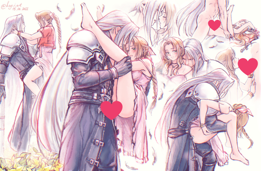 1boy 1girl aerith_gainsborough armor bangle bangs black_gloves black_jacket blush bracelet braid braided_ponytail brown_hair carrying carrying_person censored clothed_sex couple cropped_jacket dress elena_ivlyushkina falling_feathers final_fantasy final_fantasy_vii final_fantasy_vii_remake flower gloves grey_hair hair_ribbon heart heart_censor imminent_kiss jacket jewelry long_hair lying multiple_girls nude on_back open_mouth parted_bangs pink_dress pink_hair red_jacket ribbon sephiroth sex shoulder_armor sidelocks yellow_flower