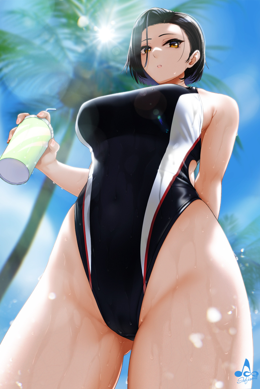 1girl arm_behind_back artist_logo artist_name black_hair black_swimsuit blue_sky breasts brown_eyes commentary_request competition_swimsuit cowboy_shot cup day disposable_cup drinking_straw from_below highleg highleg_swimsuit highres holding holding_cup infinote large_breasts looking_at_viewer one-piece_swimsuit original outdoors palm_tree short_hair sky solo standing sunlight swimsuit tree wet yashiki_yuuko