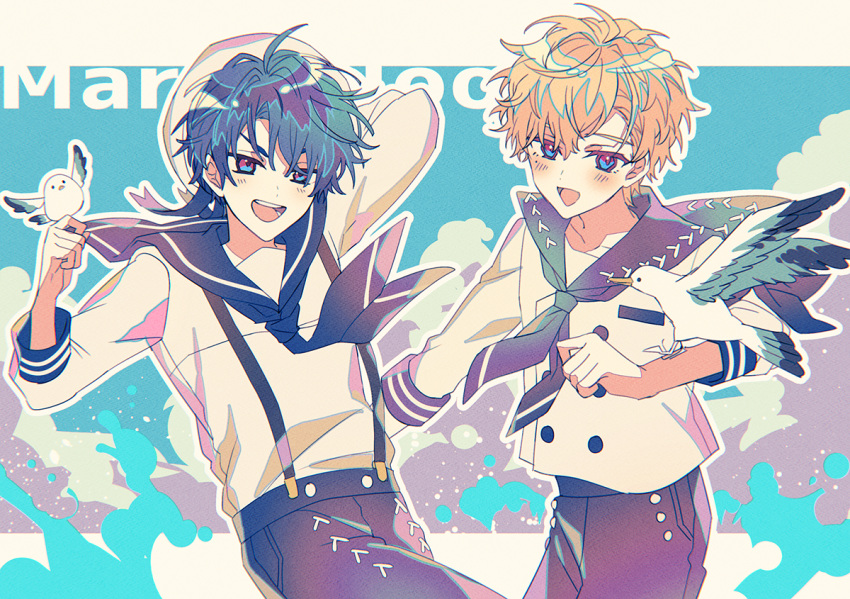 2boys bird black_hair blonde_hair blue_eyes hat heathcliff_blanchett looking_at_viewer mahoutsukai_no_yakusoku male_focus matching_outfit multicolored_eyes multiple_boys naruta_iyo open_mouth purple_eyes sailor_collar sailor_shirt seagull shino_sherwood shirt short_hair shorts suspenders