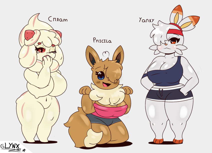 alcremie anthro big_breasts breasts eevee female group hi_res linx_art lynx_art nintendo pok&eacute;mon pok&eacute;mon_(species) scorbunny trio video_games